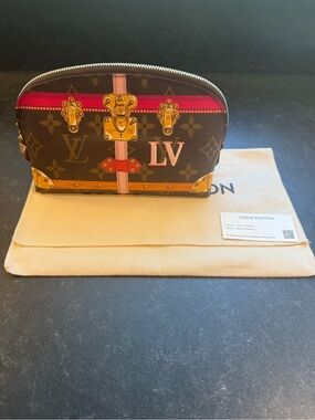 Louis Vuitton Brown Monogram Cosmetic Pouch with Pink & Red Trunk Stripe
